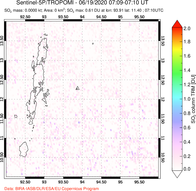 A sulfur dioxide image over Andaman Islands, Indian Ocean on Jun 19, 2020.