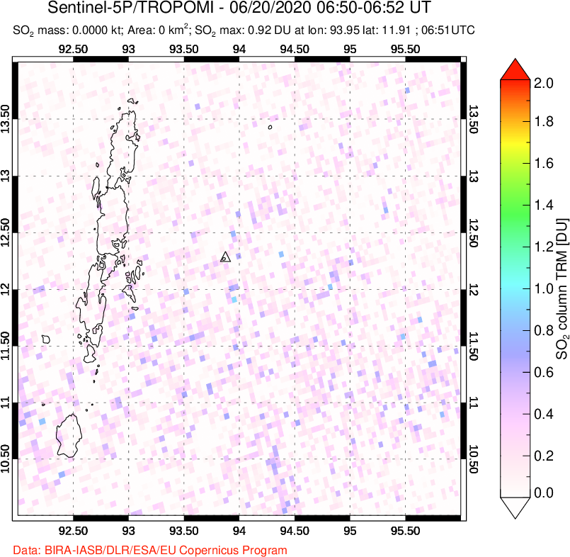 A sulfur dioxide image over Andaman Islands, Indian Ocean on Jun 20, 2020.