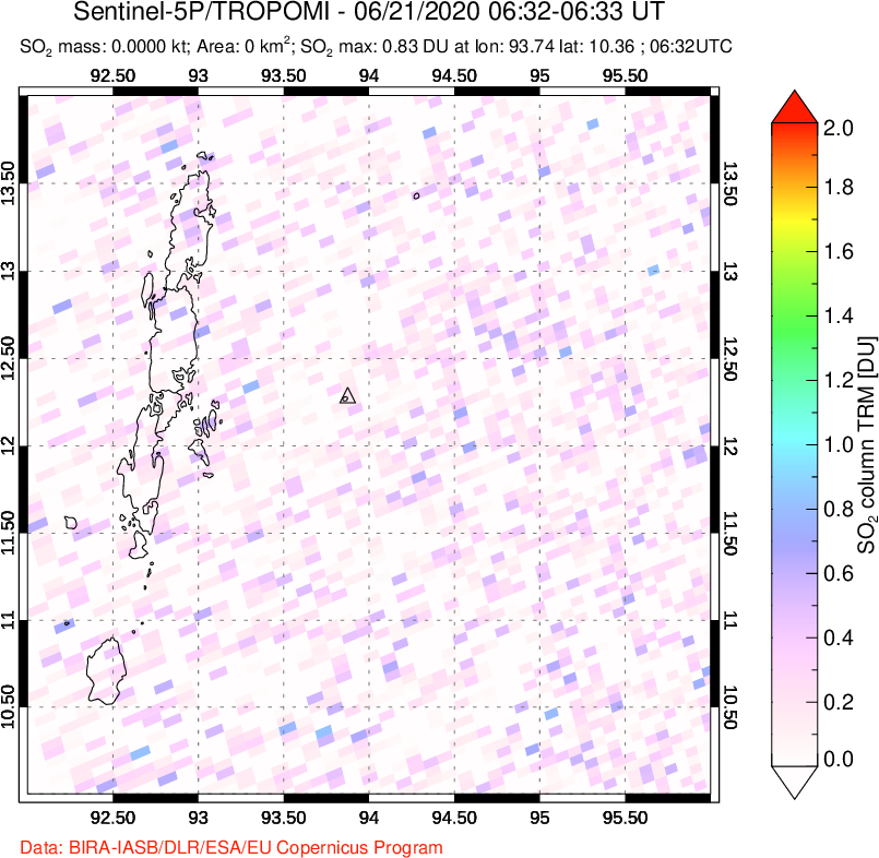 A sulfur dioxide image over Andaman Islands, Indian Ocean on Jun 21, 2020.