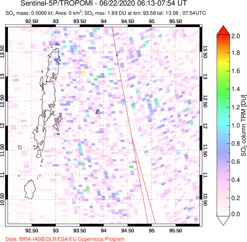 A sulfur dioxide image over Andaman Islands, Indian Ocean on Jun 22, 2020.