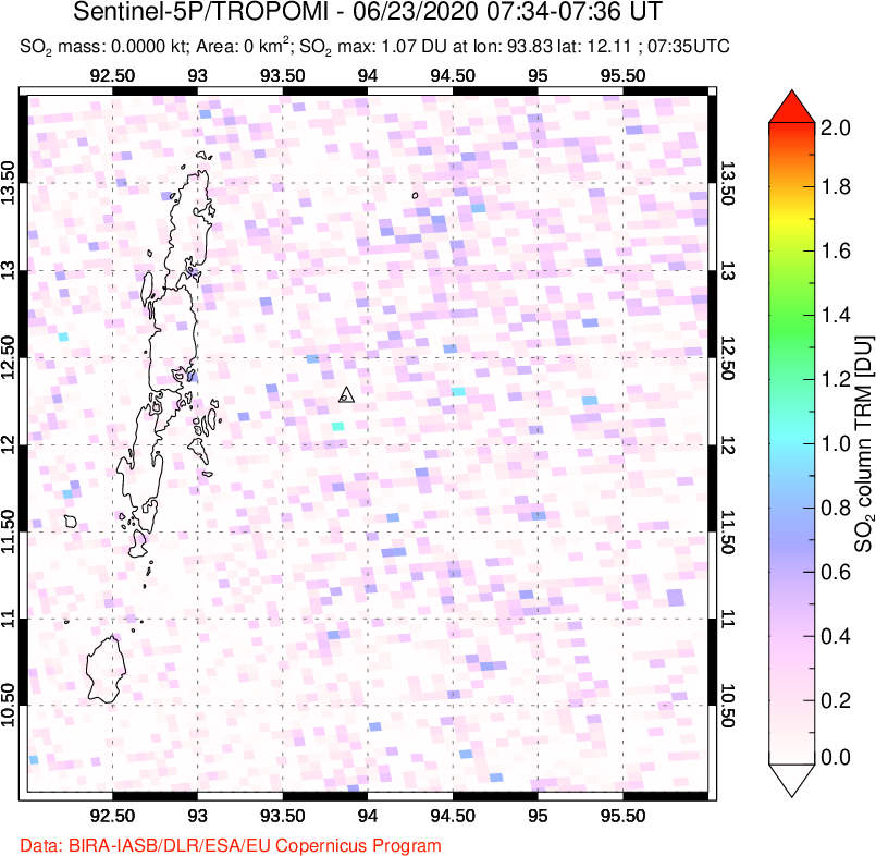 A sulfur dioxide image over Andaman Islands, Indian Ocean on Jun 23, 2020.
