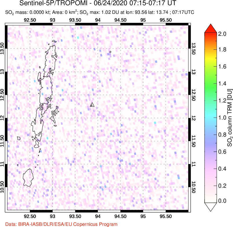 A sulfur dioxide image over Andaman Islands, Indian Ocean on Jun 24, 2020.
