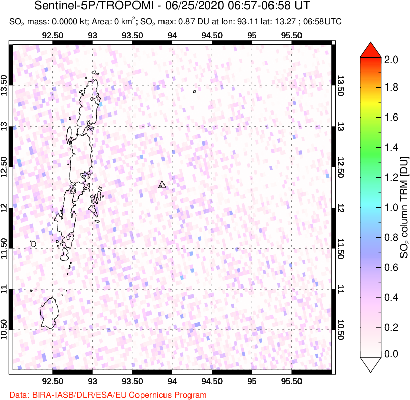 A sulfur dioxide image over Andaman Islands, Indian Ocean on Jun 25, 2020.