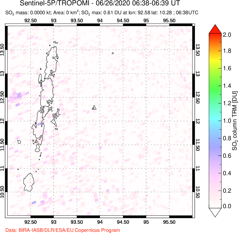 A sulfur dioxide image over Andaman Islands, Indian Ocean on Jun 26, 2020.