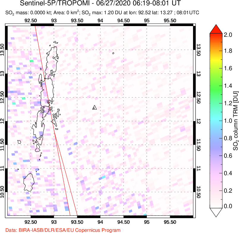 A sulfur dioxide image over Andaman Islands, Indian Ocean on Jun 27, 2020.