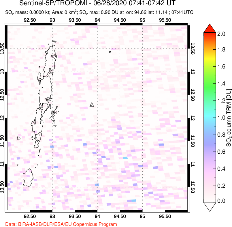 A sulfur dioxide image over Andaman Islands, Indian Ocean on Jun 28, 2020.