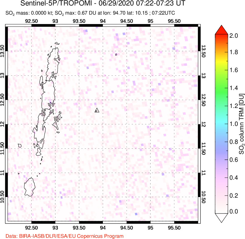 A sulfur dioxide image over Andaman Islands, Indian Ocean on Jun 29, 2020.