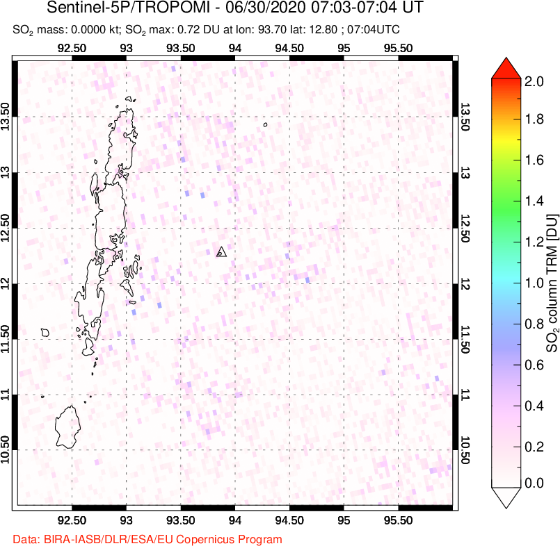A sulfur dioxide image over Andaman Islands, Indian Ocean on Jun 30, 2020.