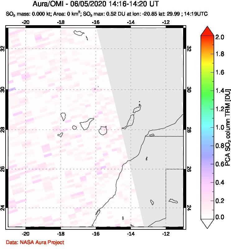 A sulfur dioxide image over Canary Islands on Jun 05, 2020.