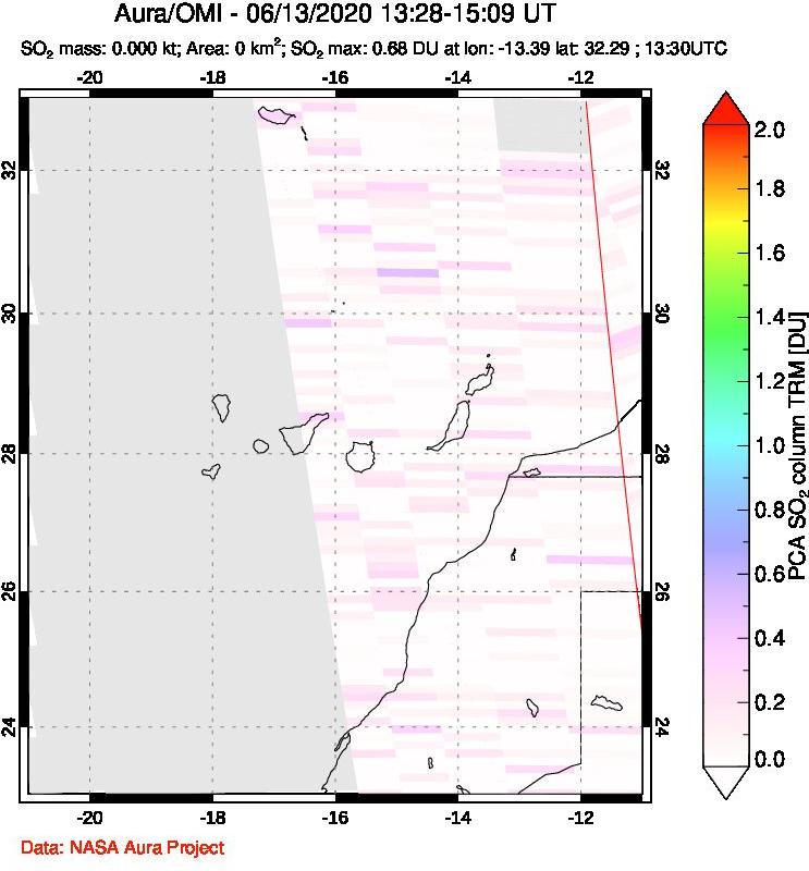 A sulfur dioxide image over Canary Islands on Jun 13, 2020.