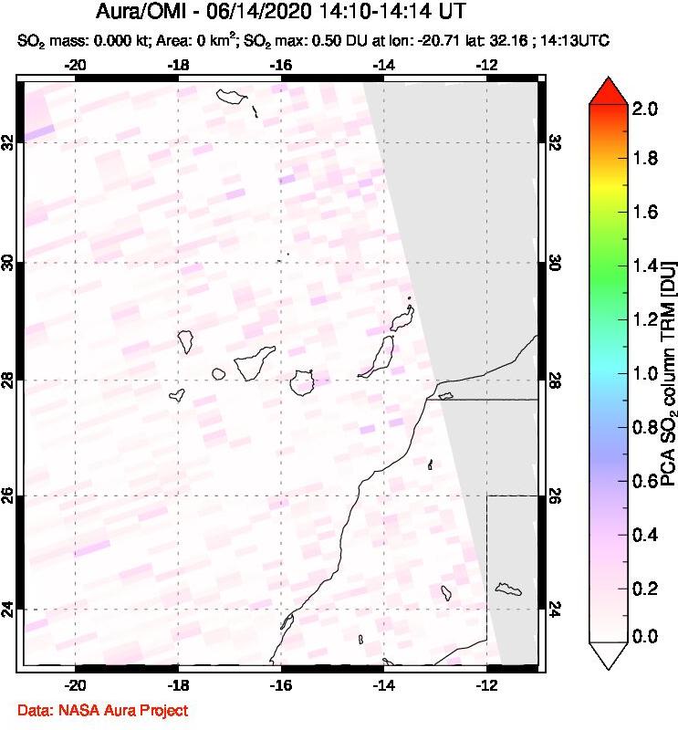 A sulfur dioxide image over Canary Islands on Jun 14, 2020.