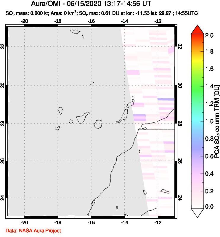 A sulfur dioxide image over Canary Islands on Jun 15, 2020.