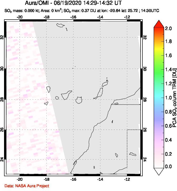 A sulfur dioxide image over Canary Islands on Jun 19, 2020.