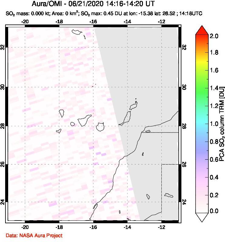 A sulfur dioxide image over Canary Islands on Jun 21, 2020.