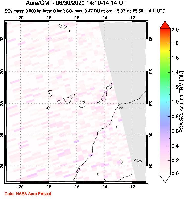 A sulfur dioxide image over Canary Islands on Jun 30, 2020.