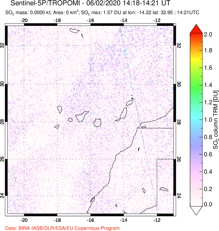 A sulfur dioxide image over Canary Islands on Jun 02, 2020.