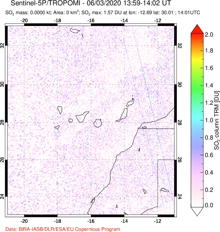 A sulfur dioxide image over Canary Islands on Jun 03, 2020.