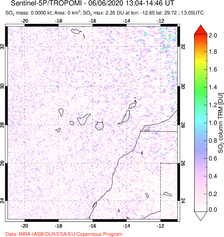 A sulfur dioxide image over Canary Islands on Jun 06, 2020.