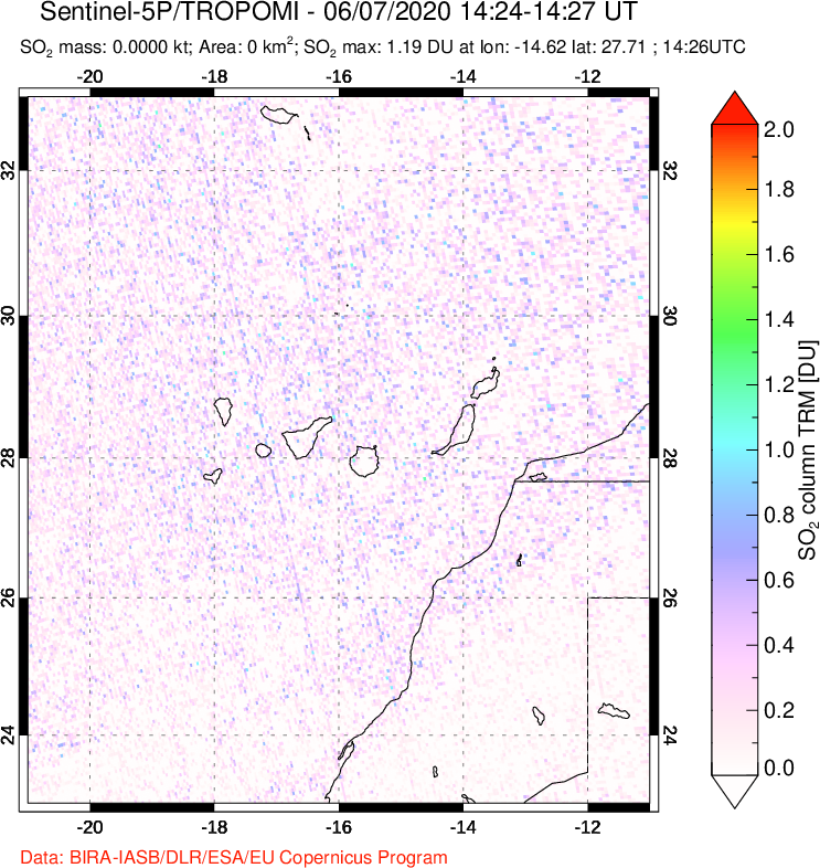 A sulfur dioxide image over Canary Islands on Jun 07, 2020.