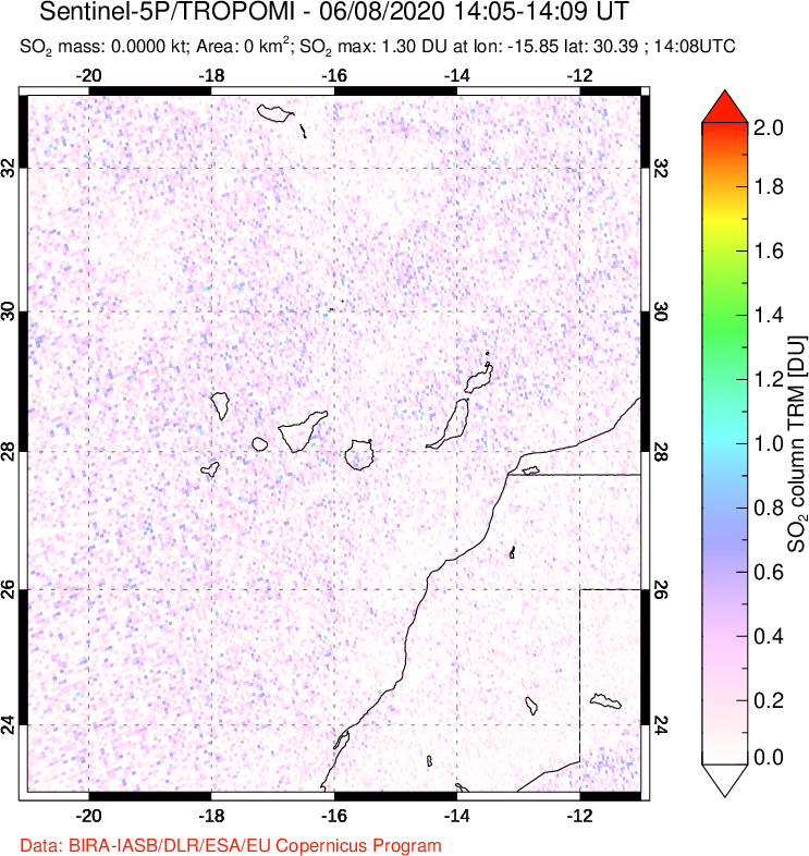 A sulfur dioxide image over Canary Islands on Jun 08, 2020.