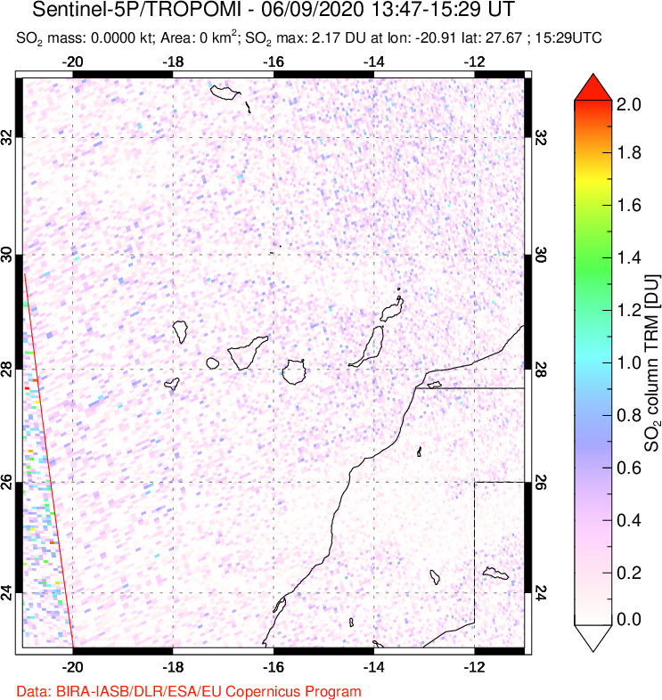 A sulfur dioxide image over Canary Islands on Jun 09, 2020.