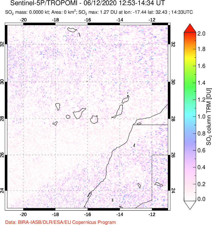A sulfur dioxide image over Canary Islands on Jun 12, 2020.