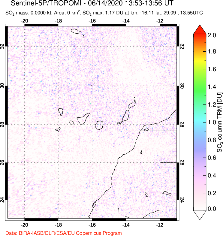 A sulfur dioxide image over Canary Islands on Jun 14, 2020.