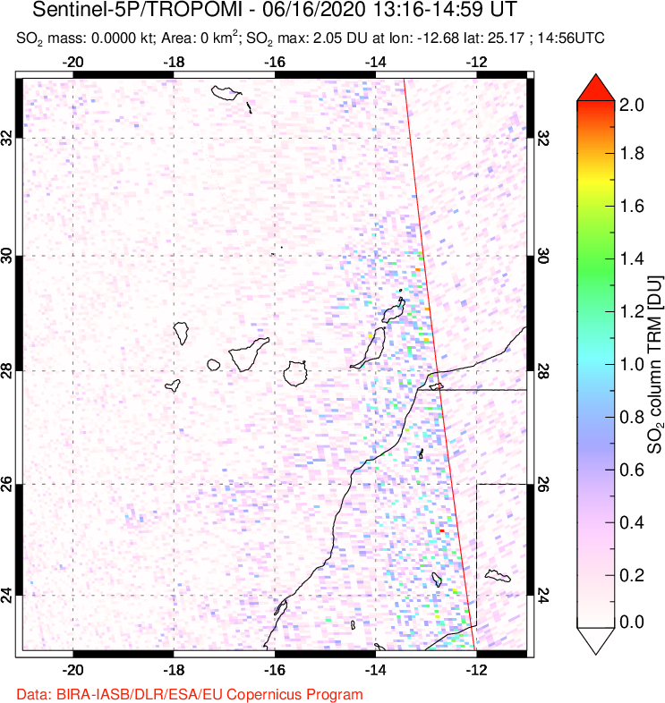 A sulfur dioxide image over Canary Islands on Jun 16, 2020.