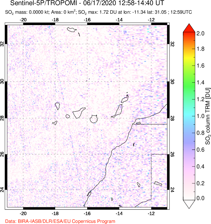 A sulfur dioxide image over Canary Islands on Jun 17, 2020.