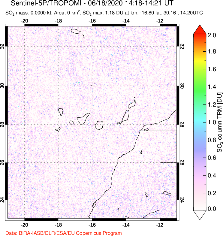 A sulfur dioxide image over Canary Islands on Jun 18, 2020.