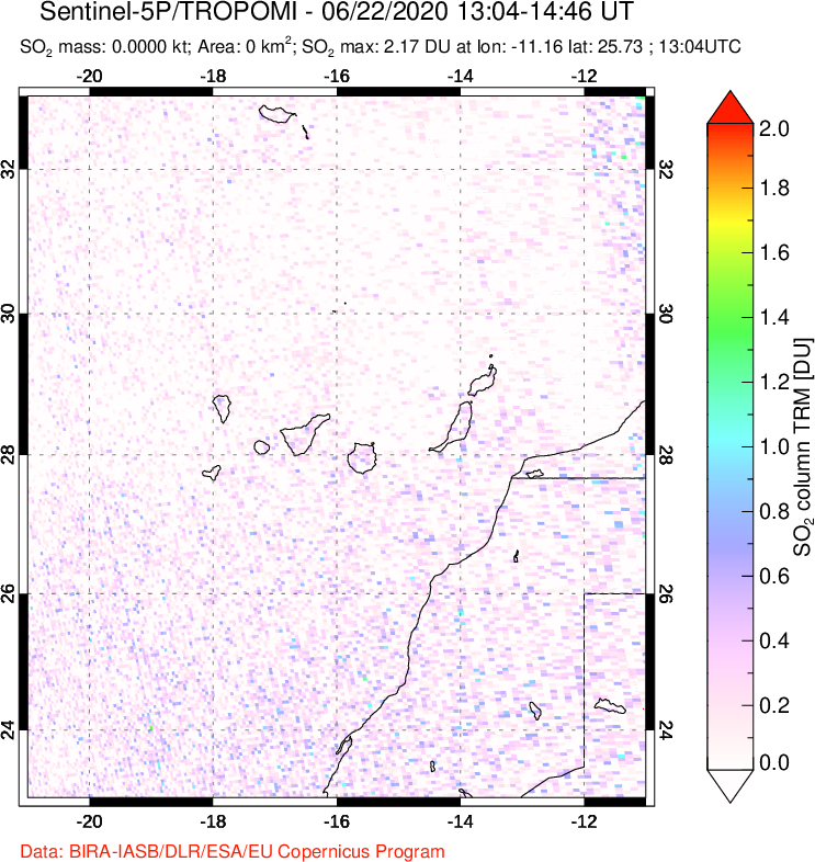 A sulfur dioxide image over Canary Islands on Jun 22, 2020.