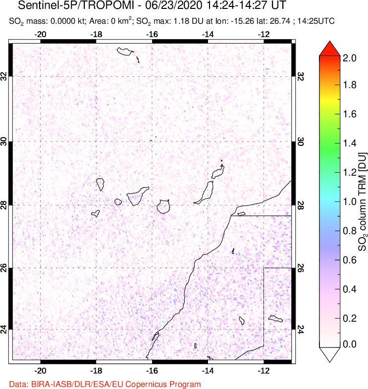 A sulfur dioxide image over Canary Islands on Jun 23, 2020.
