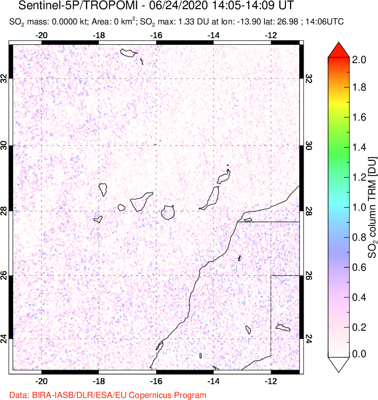 A sulfur dioxide image over Canary Islands on Jun 24, 2020.