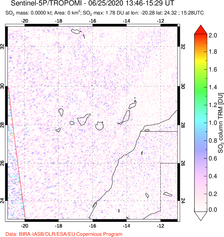 A sulfur dioxide image over Canary Islands on Jun 25, 2020.