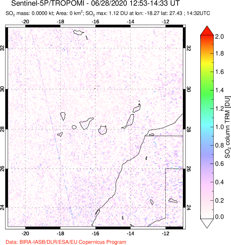 A sulfur dioxide image over Canary Islands on Jun 28, 2020.