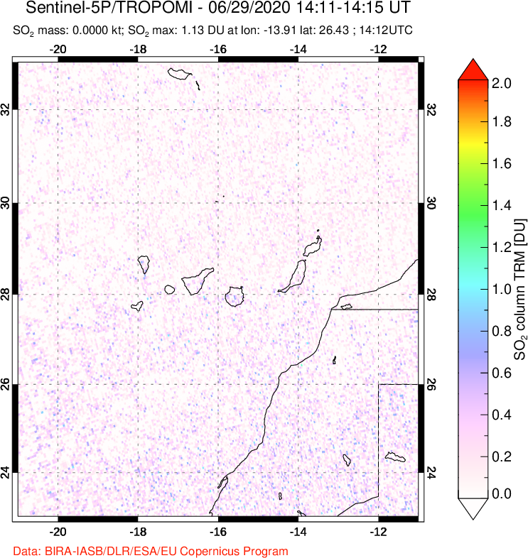 A sulfur dioxide image over Canary Islands on Jun 29, 2020.