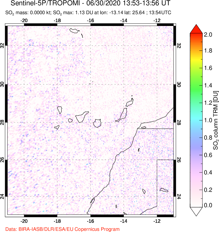 A sulfur dioxide image over Canary Islands on Jun 30, 2020.