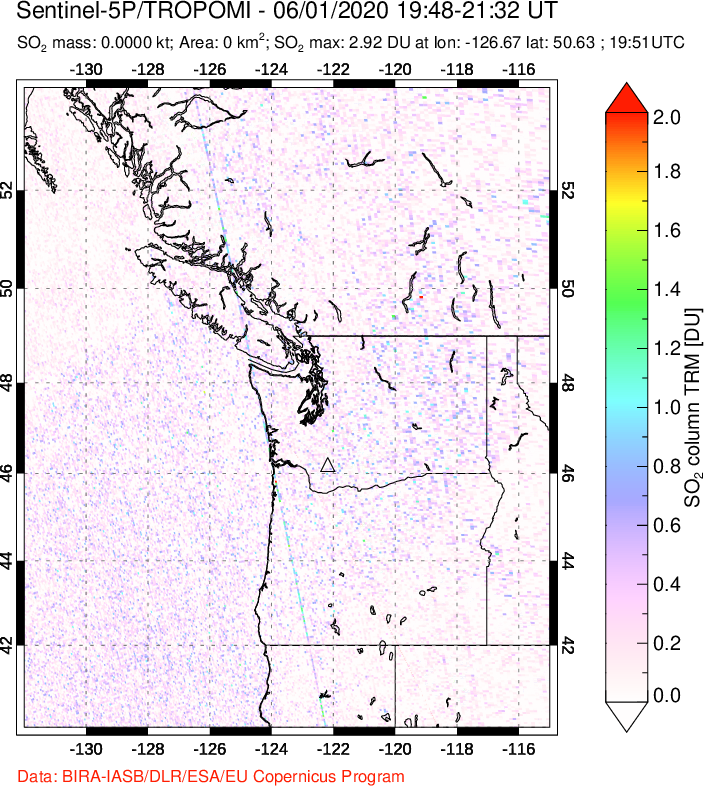 A sulfur dioxide image over Cascade Range, USA on Jun 01, 2020.