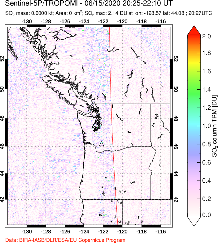 A sulfur dioxide image over Cascade Range, USA on Jun 15, 2020.