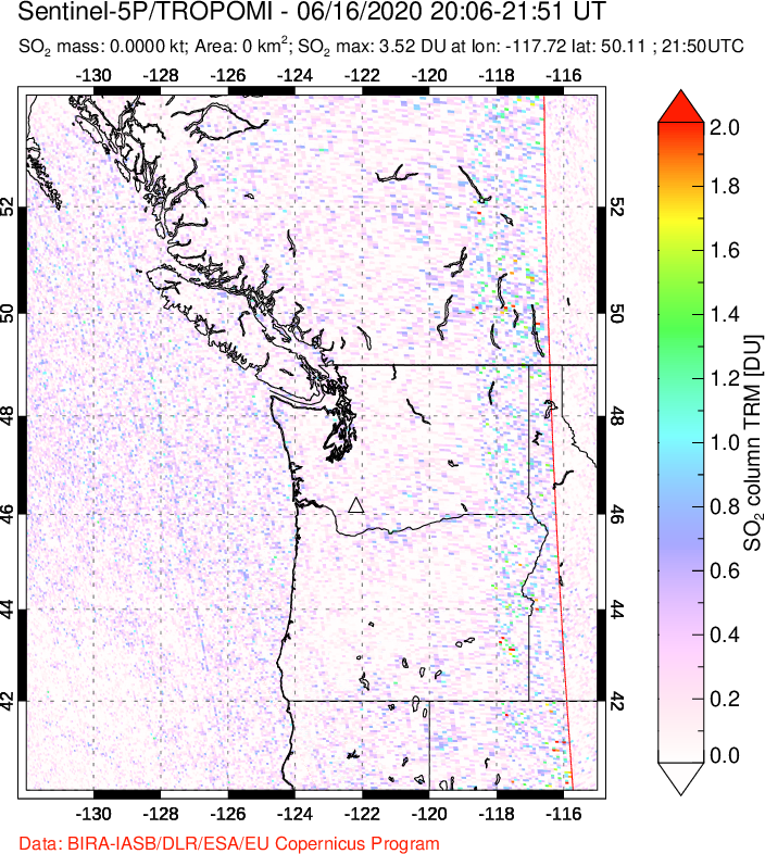 A sulfur dioxide image over Cascade Range, USA on Jun 16, 2020.