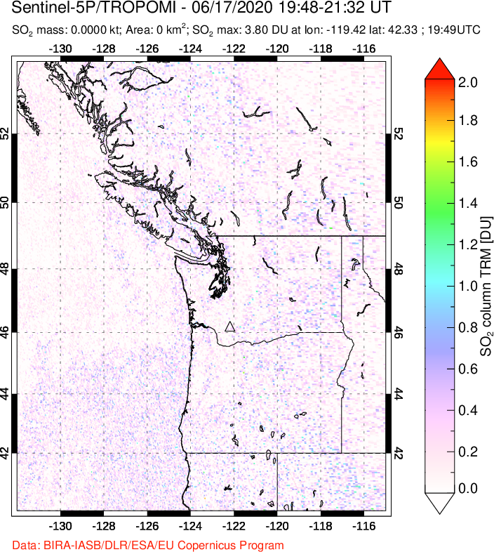 A sulfur dioxide image over Cascade Range, USA on Jun 17, 2020.