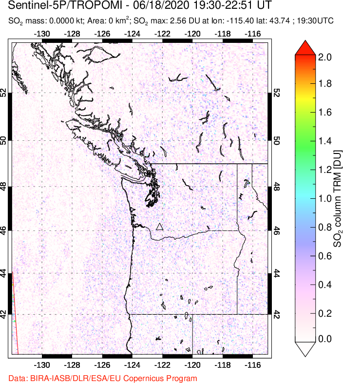 A sulfur dioxide image over Cascade Range, USA on Jun 18, 2020.