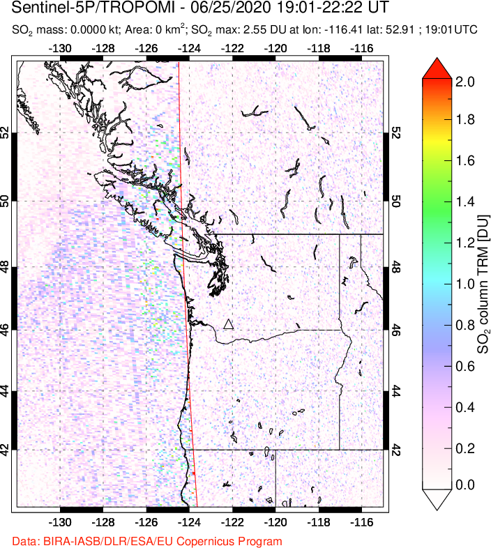 A sulfur dioxide image over Cascade Range, USA on Jun 25, 2020.