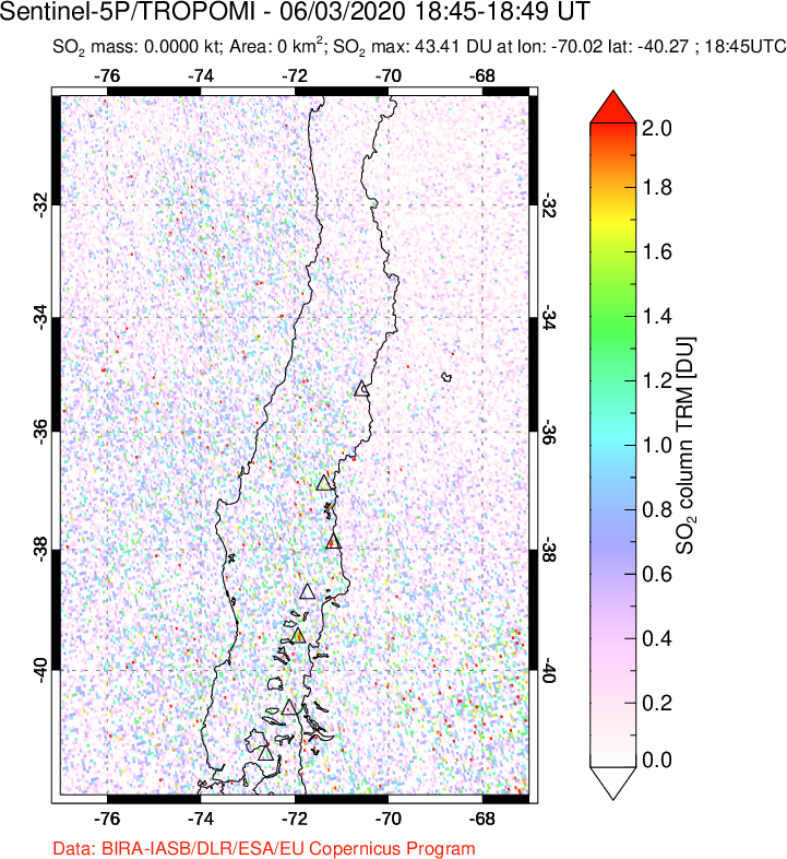 A sulfur dioxide image over Central Chile on Jun 03, 2020.