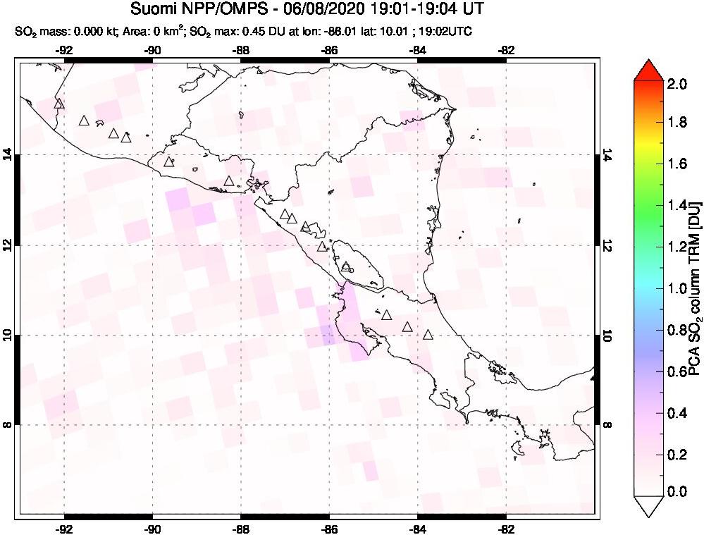 A sulfur dioxide image over Central America on Jun 08, 2020.