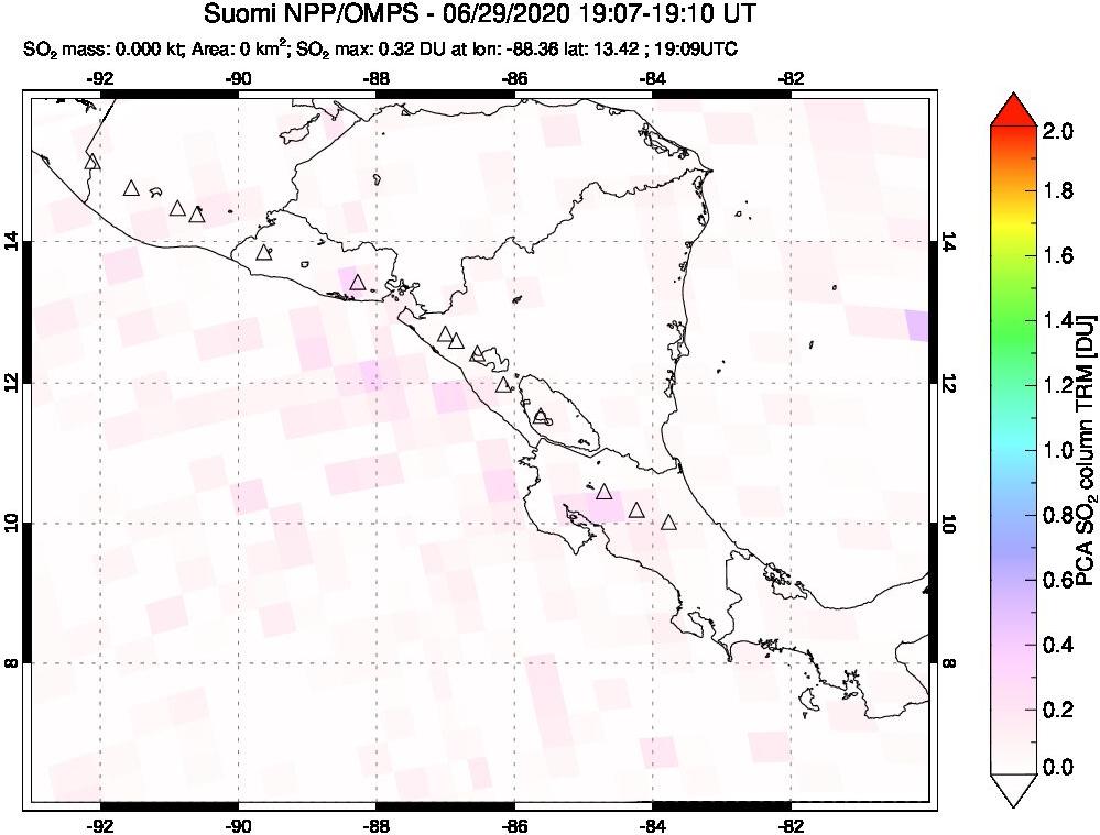 A sulfur dioxide image over Central America on Jun 29, 2020.
