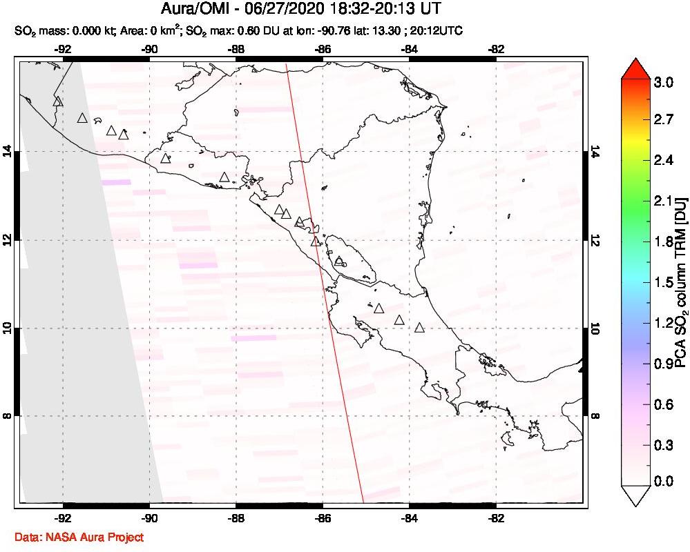 A sulfur dioxide image over Central America on Jun 27, 2020.