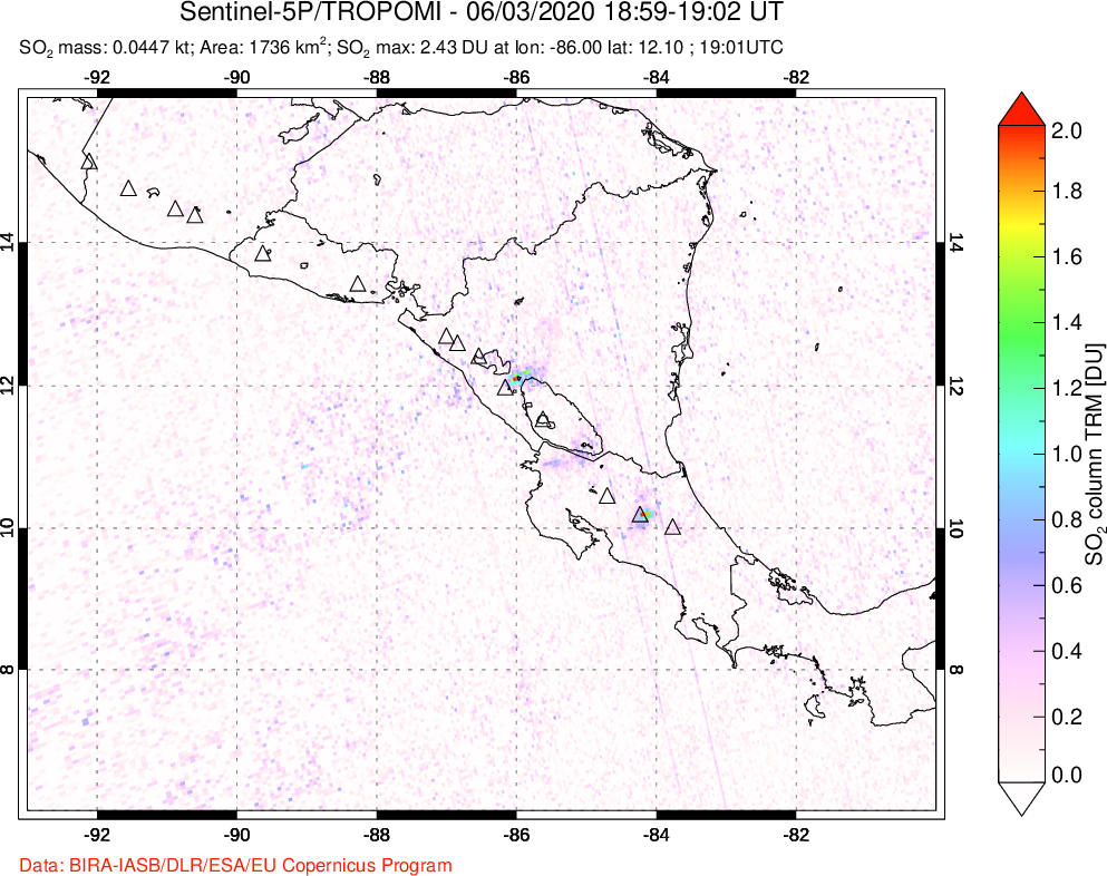 A sulfur dioxide image over Central America on Jun 03, 2020.
