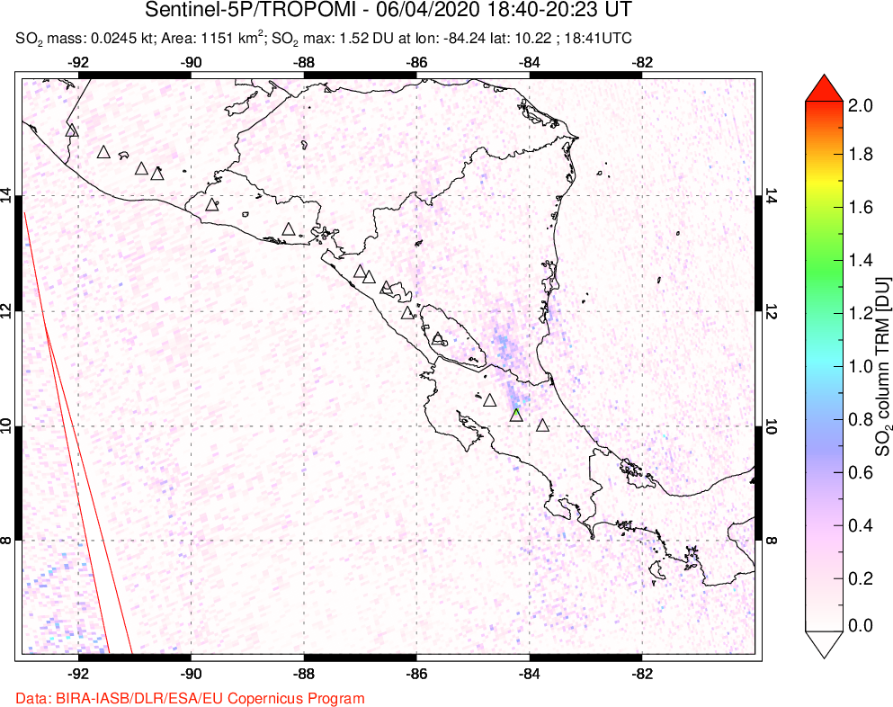 A sulfur dioxide image over Central America on Jun 04, 2020.
