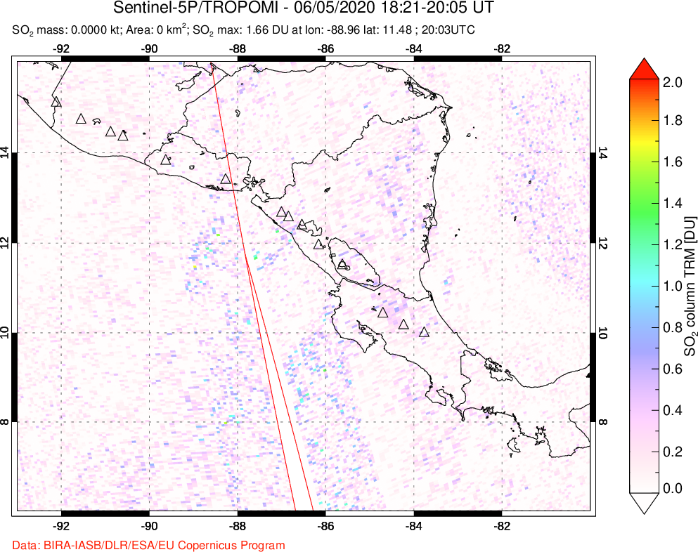 A sulfur dioxide image over Central America on Jun 05, 2020.